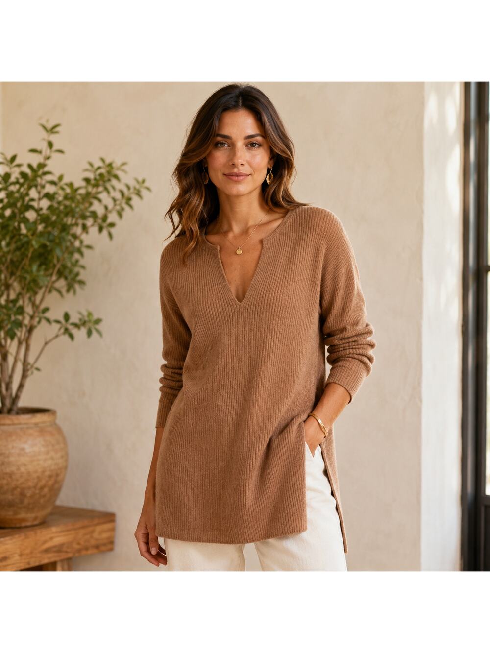 Ett:twa By Anthropologie SZ L Amrita Merino Blend V-Neck Long Ribbed Sweater